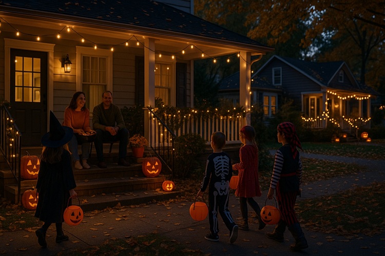 Halloween w Stanach Zjednoczonych: trick-or-treat w dzielnicy domków – dynie na werandzie, lampki, rodzice z misą słodyczy.