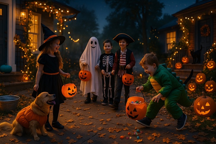 Kolorowa scena Halloween – dzieci w kostiumach (czarownica, duch, szkielet, pirat, dinozaur) na trick-or-treat, turkusowa dynia, dynie-lampiony i jesienny wieczór.