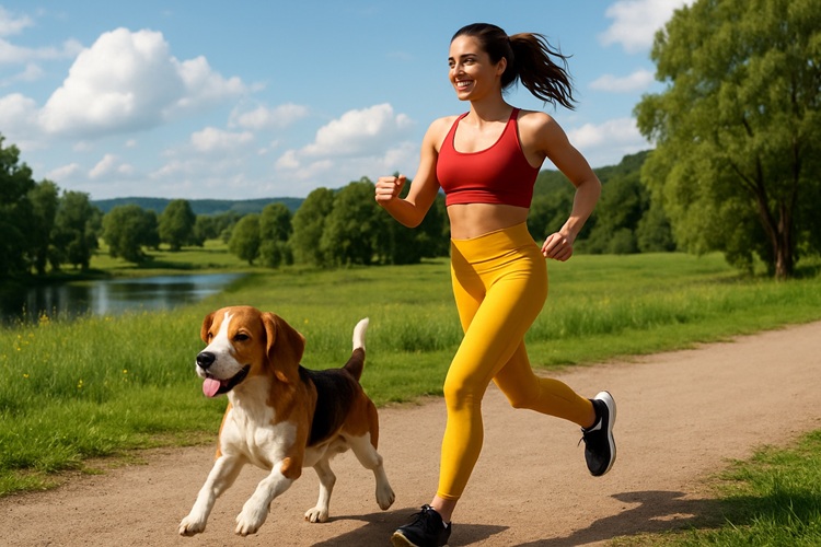 Biegająca kobieta w czerwonym topie i żółtych legginsach z beagle w parku.