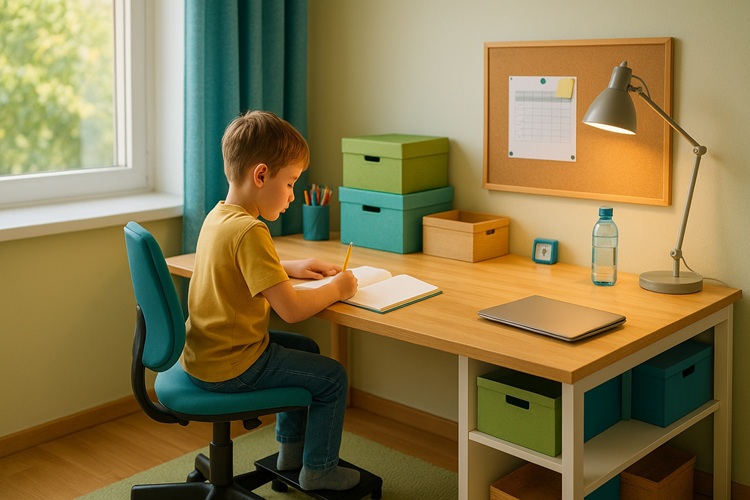 Przestrzeń do nauki dziecka: ergonomiczne biurko przy oknie, podnóżek, lampka, porządek i tablica korkowa.
