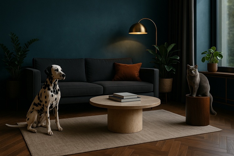 Wnętrze w tonacji teal – elegancja, drewno i zwierzęta domowe.