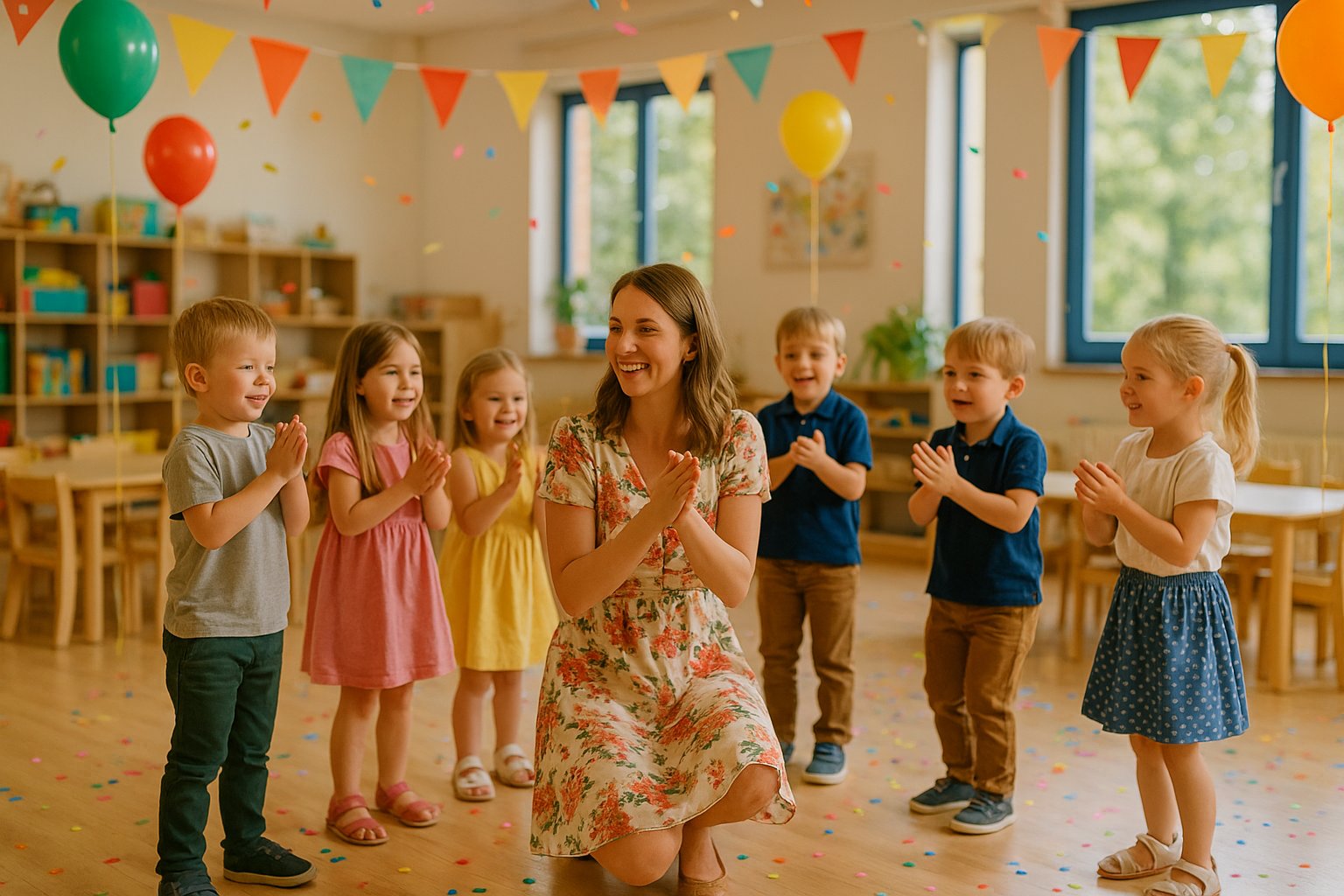 Przedszkolanka w sukience w kwiaty bawi się z dziećmi w jasnej sali – balony, girlandy i konfetti; radosne świętowanie Dnia Przedszkolaka.
