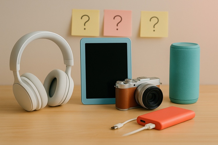 Kolorowe: słuchawki, tablet, aparat, głośnik Bluetooth i powerbank na biurku – kadr poziomy do quizu.