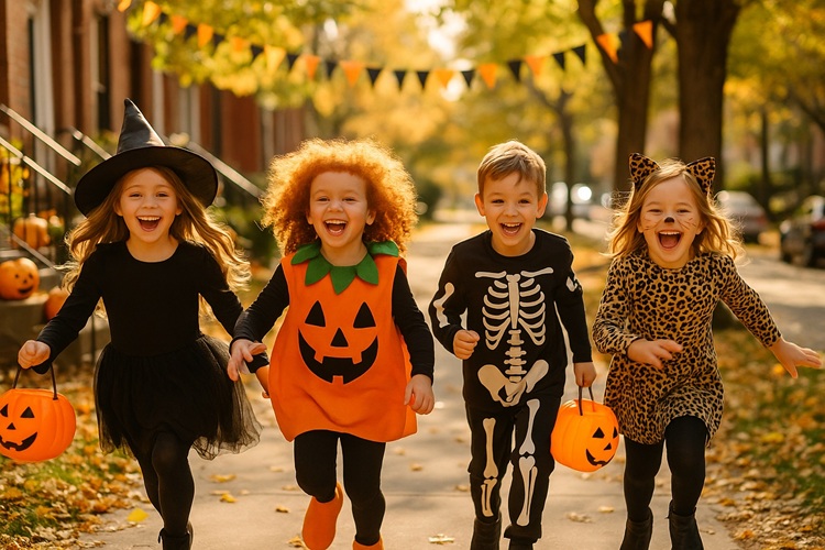 Kolorowe Halloween dla dzieci – czwórka maluchów w przebraniach (czarownica, dynia, szkielet, kot) biegnie alejką w jesiennym słońcu.