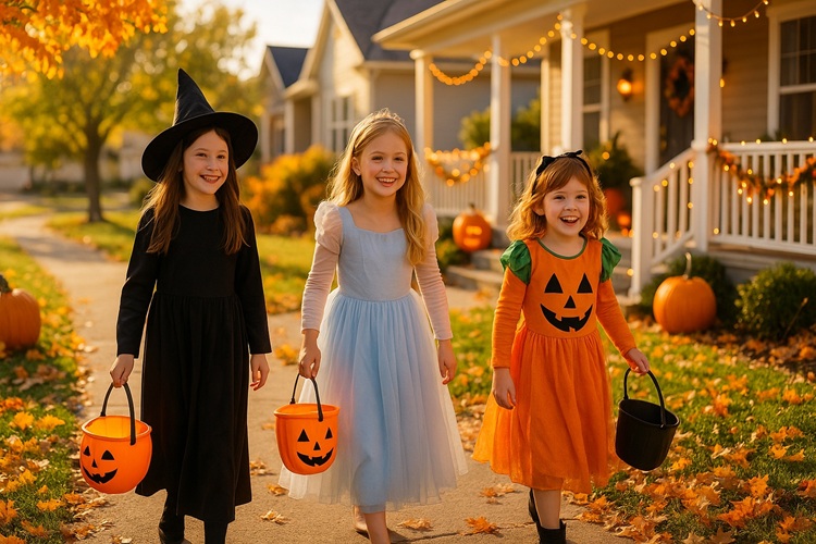 Wesołe Halloween – dziewczynki w przebraniach z wiaderkami na cukierki, dynie i lampki przed domami.