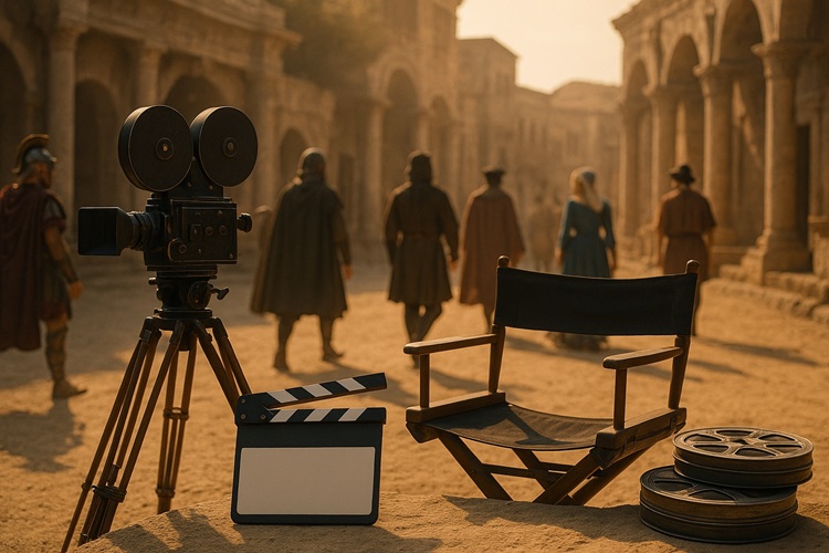 Plan filmu historycznego w antycznym mieście: vintage kamera, klaps i szpule taśmy, w tle statyści w kostiumach i kolumnady.