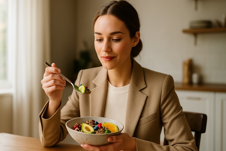 Mindful eating – świadome jedzenie krok po kroku: realistyczne, szerokie ujęcie kobiety przy stole, jedzącej sałatkę z awokado, cytrusami i jagodami; naturalne światło, klimat luksusowego magazynu.