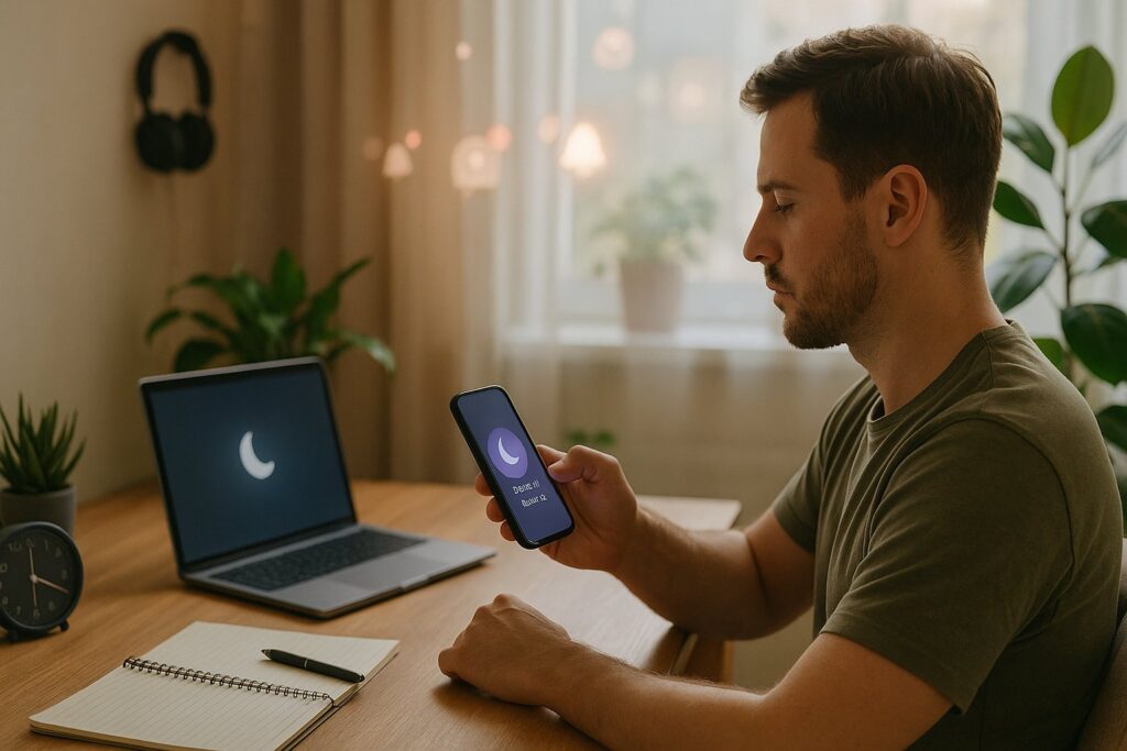 Detoks cyfrowy – ergonomiczne biurko, telefon odłożony, pełna koncentracja