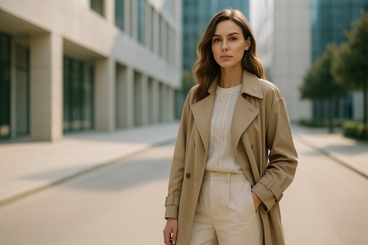 Slow fashion – elegancka kobieta w beżowym trenczu na słonecznej, nowoczesnej ulicy; minimalistyczny, poziomy kadr.