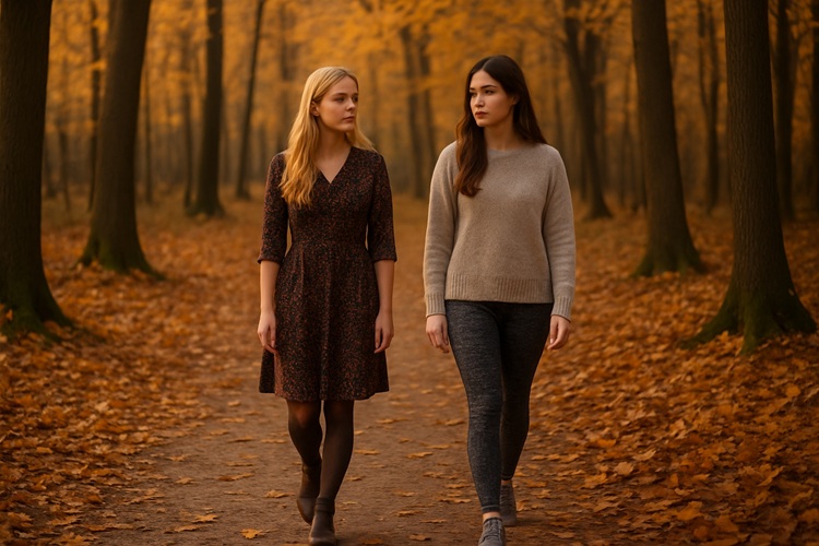 Spacer po lesie – dwie młode kobiety: blondynka w kwiecistej sukience i brunetka w wzorzystych legginsach, złote jesienne liście.