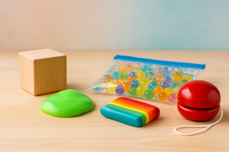 Zestaw do zabawy sensorycznej: klocek drewniany, slime, plastelina, woreczek sensoryczny z kulkami oraz czerwone jojo na tle pastelowym.