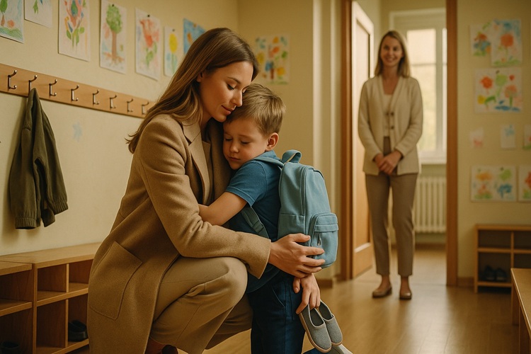 Adaptacja w przedszkolu: chłopiec przytula mamę w korytarzu, a nauczycielka czeka w drzwiach; poranne światło, szeroki kadr.