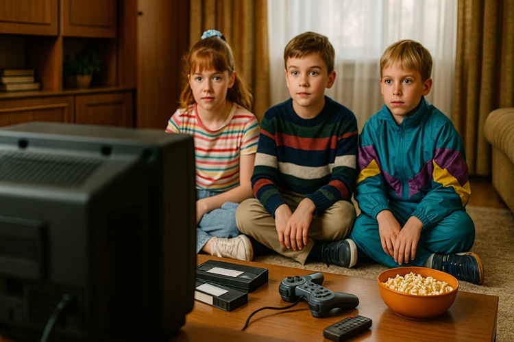 Dzieci z lat 90. oglądają bajkę – widok zza kineskopowego telewizora; trójka dzieci na dywanie, kasety VHS, joystick i miska popcornu w jasnym salonie.