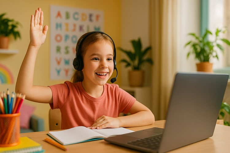 Uśmiechnięta dziewczynka uczy się zdalnie przy laptopie, w słuchawkach z mikrofonem, kolorowe biurko