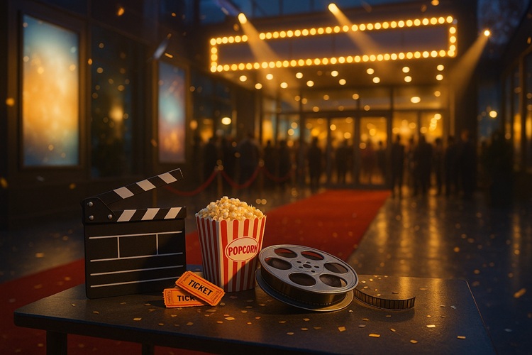 Premiera kinowa: czerwony dywan przed kinem, klaps filmowy, popcorn, bilety i szpula taśmy.
